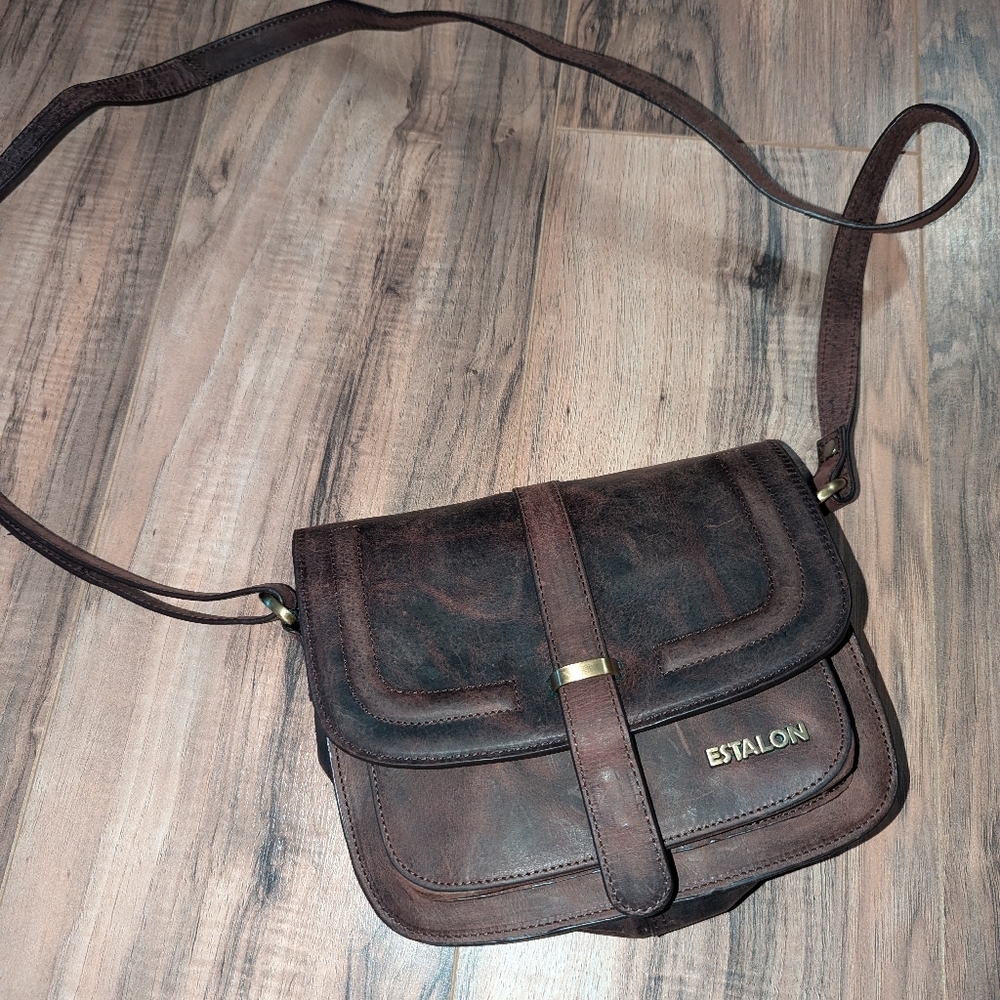 Brown Leather Estalon crossbody purse with adjustable strap.